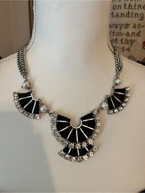 Banana Republic Black and Silver Fan Bib Necklace with Crystals